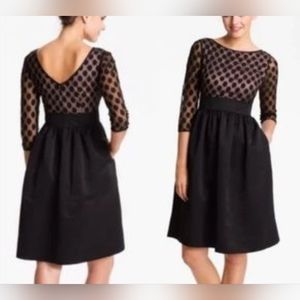 Eliza J Dot Mesh Bodice Fit‎ & Flare Cocktail Dress In Black/Nude Size 4